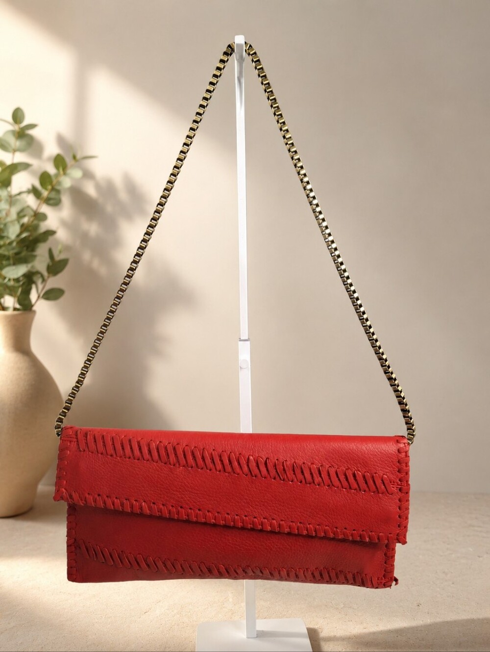 Carlos Falchi Red Leather Whipstitched Foldover Chain Clutch Shoulder Bag EUC